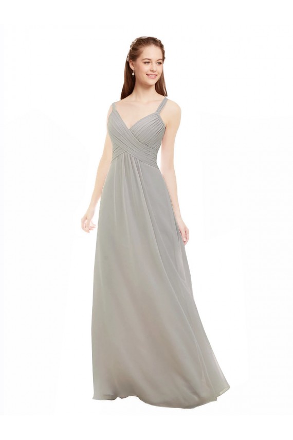 Vendeurs de Argent Trapèze Bretelles spaghetti Col V Mousseline Longue Robes demoiselle d'honneur
