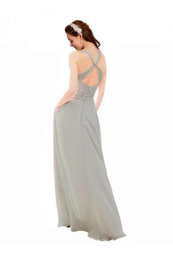 Vendeurs de Argent Trapèze Bretelles spaghetti Col V Mousseline Longue Robes demoiselle d'honneur