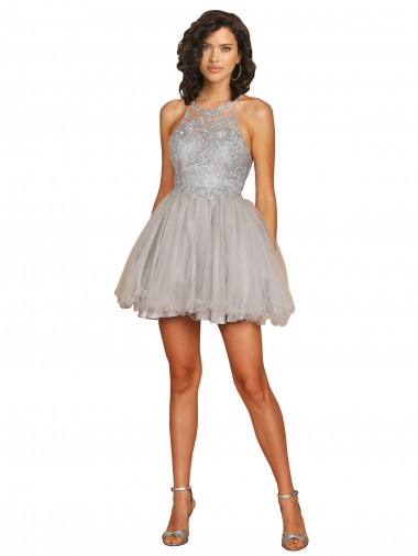 Vendeurs de Argent Trapèze Licou Courte Tulle Courte Robes demoiselle d'honneur / Robes de cocktail