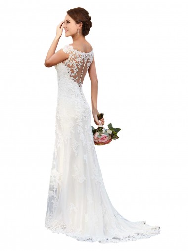 Vendeurs de Blanc Fourreau Bateau Illusion Dentelle Robes de mariée