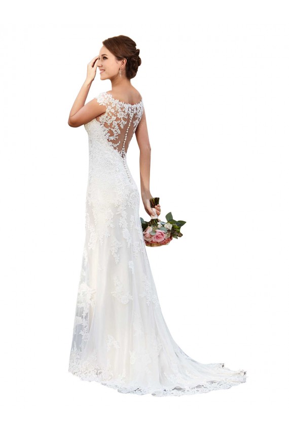 Vendeurs de Blanc Fourreau Bateau Illusion Dentelle Robes de mariée