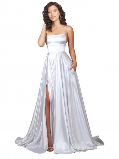 Vendeurs de Blanc Trapèze Bretelles spaghetti Satiné Stretch Simple Plage Robes de mariée