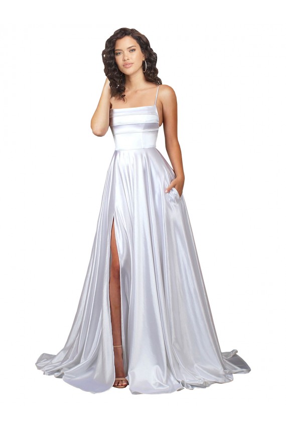 Vendeurs de Blanc Trapèze Bretelles spaghetti Satiné Stretch Simple Plage Robes de mariée