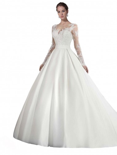 Vendeurs de Blanc Trapèze Illusion Traîne cathédrale Satiné Dentelle Robes de mariée