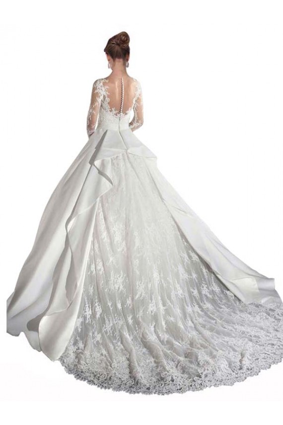 Vendeurs de Blanc Trapèze Illusion Traîne cathédrale Satiné Dentelle Robes de mariée