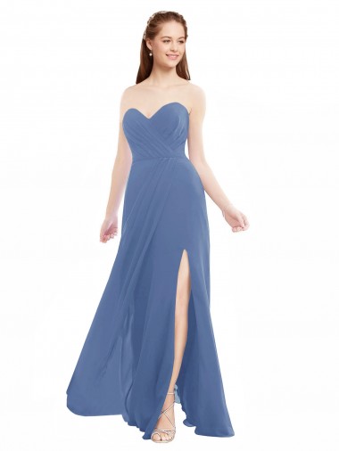 Vendeurs de Bleu Windsor Trapèze Sans bretelle Mousseline Longue Robes demoiselle d'honneur