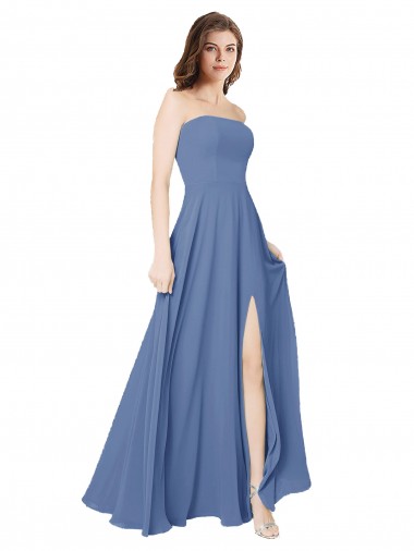 Vendeurs de Bleu Windsor Trapèze Sans bretelle Mousseline Longue Robes demoiselle d'honneur