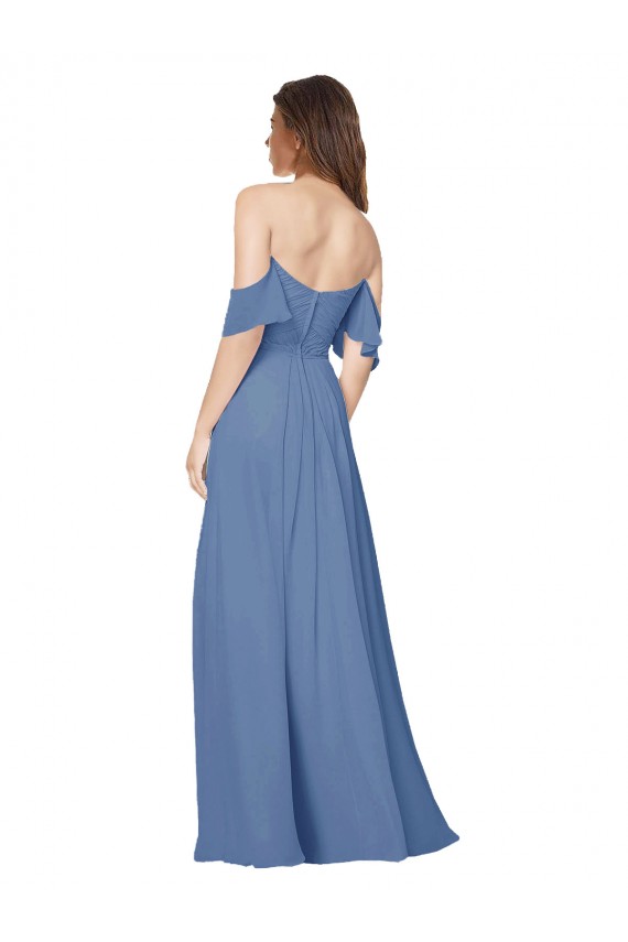 Vendeurs de Bleu Windsor Trapèze Épaule Dénudée Sans bretelle Mousseline Longue Robes demoiselle d'honneur