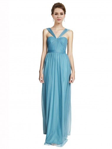 Vendeurs de Bleu ciel Trapèze Bretelles spaghetti Col V Tulle Longue Robes demoiselle d'honneur