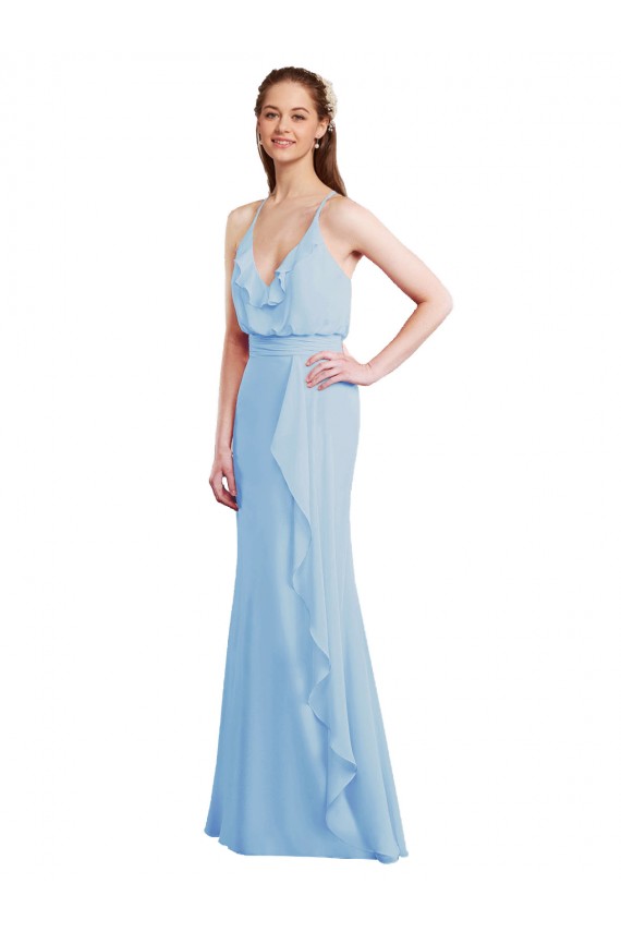 Vendeurs de Bleu ciel clair Sirène Bretelles spaghetti Col V Mousseline Longue Robes demoiselle d'honneur