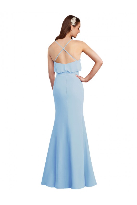 Vendeurs de Bleu ciel clair Sirène Bretelles spaghetti Col V Mousseline Longue Robes demoiselle d'honneur