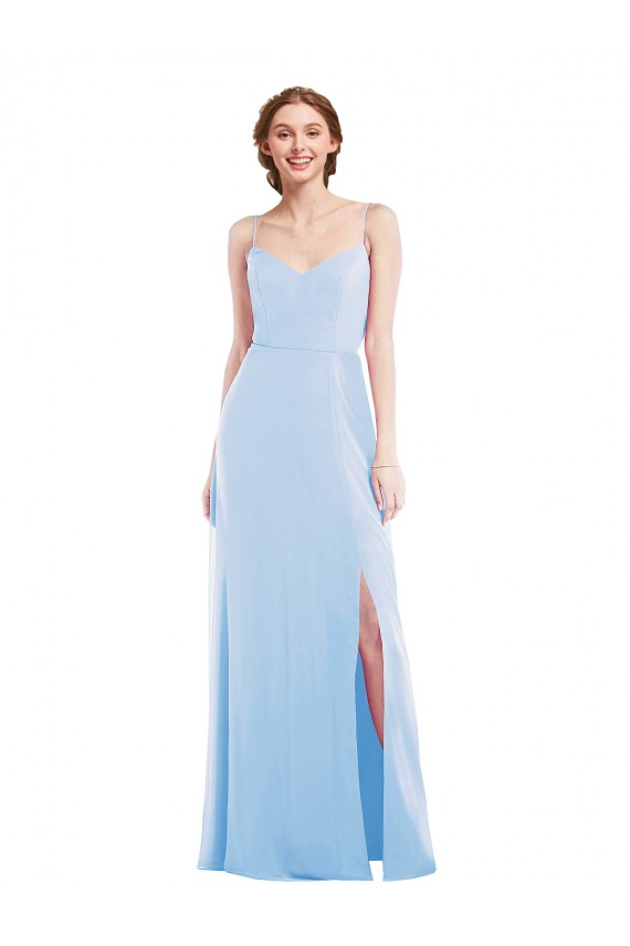 Vendeurs de Bleu ciel clair Trapèze Bretelles spaghetti Col V Mousseline Longue Formelles Robes demoiselle d'honneur / Robes de soirée