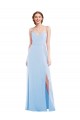 Vendeurs de Bleu ciel clair Trapèze Bretelles spaghetti Col V Mousseline Longue Formelles Robes demoiselle d'honneur / Robes de soirée