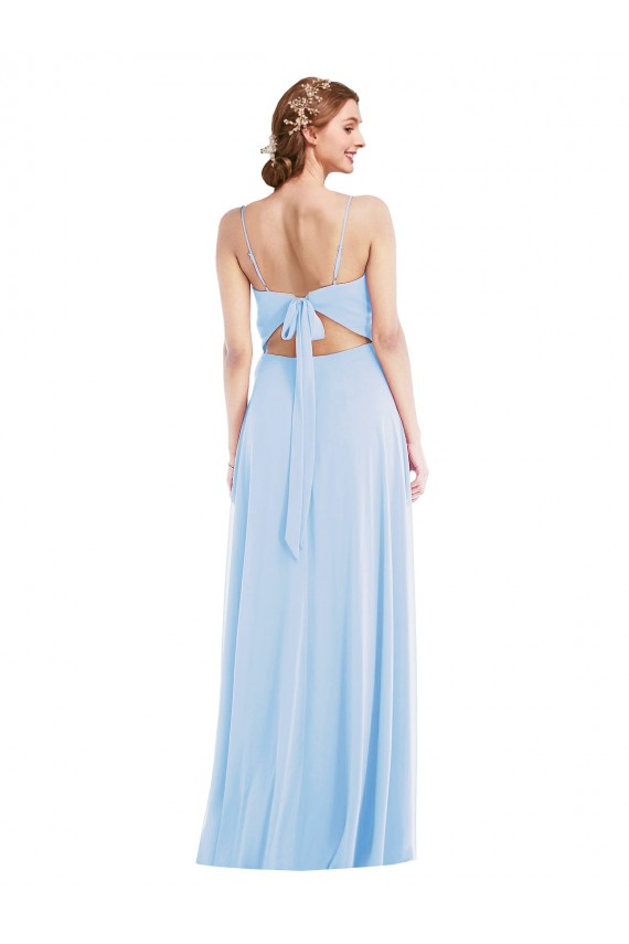 Vendeurs de Bleu ciel clair Trapèze Bretelles spaghetti Col V Mousseline Longue Formelles Robes demoiselle d'honneur / Robes de soirée