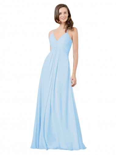 Vendeurs de Bleu ciel clair Trapèze Bretelles spaghetti Col V Mousseline Longue Robes demoiselle d'honneur