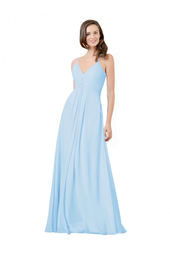 Vendeurs de Bleu ciel clair Trapèze Bretelles spaghetti Col V Mousseline Longue Robes demoiselle d'honneur