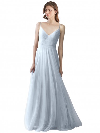Vendeurs de Bleu ciel clair Trapèze Bretelles spaghetti Col V Tulle Longue Robes demoiselle d'honneur