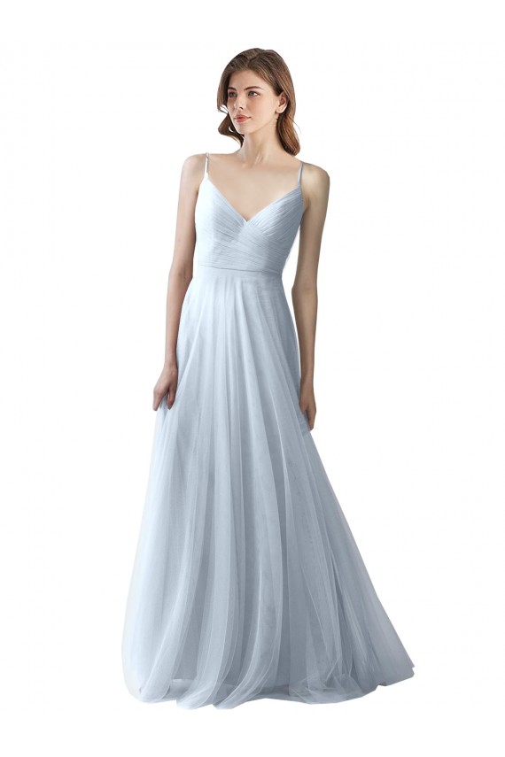 Vendeurs de Bleu ciel clair Trapèze Bretelles spaghetti Col V Tulle Longue Robes demoiselle d'honneur