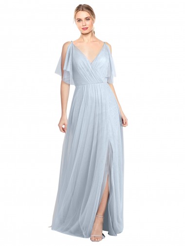Vendeurs de Bleu ciel clair Trapèze Bretelles spaghetti Col V Tulle Longue Robes demoiselle d'honneur