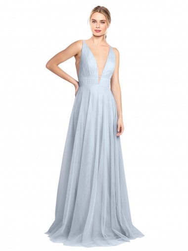 Vendeurs de Bleu ciel clair Trapèze Bretelles spaghetti Col V Tulle Longue Robes demoiselle d'honneur