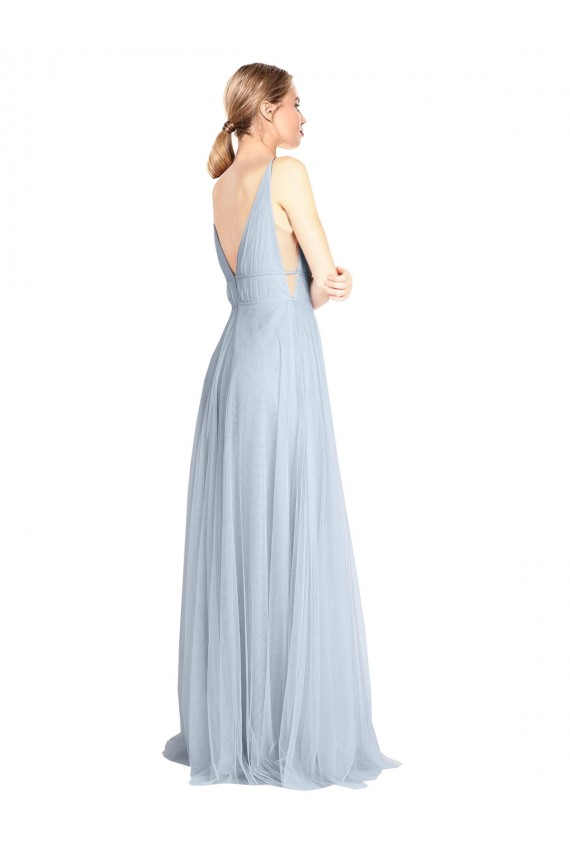 Vendeurs de Bleu ciel clair Trapèze Bretelles spaghetti Col V Tulle Longue Robes demoiselle d'honneur
