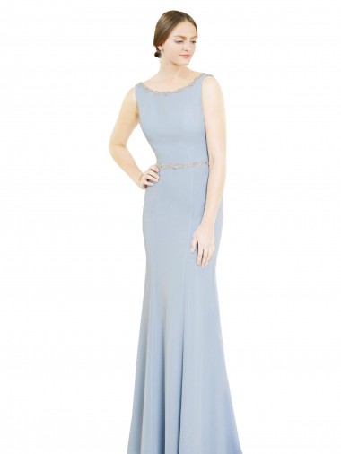 Vendeurs de Bleu ciel clair Trapèze Col Bateau Col Haut Mousseline Longue Robes demoiselle d'honneur