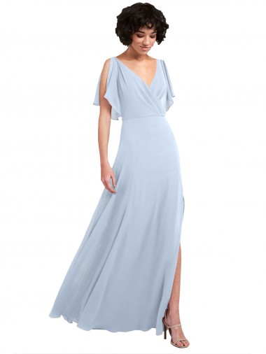Vendeurs de Bleu ciel clair Trapèze Col V Mousseline Longue Robes demoiselle d'honneur