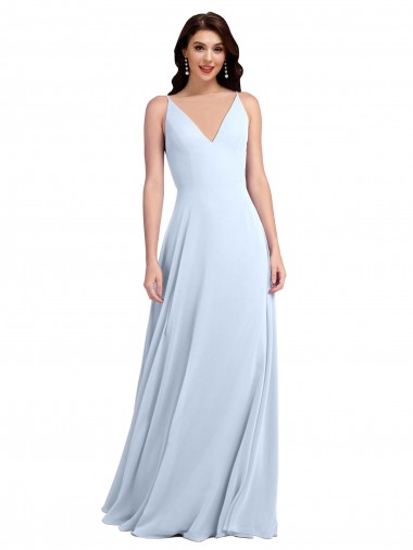 Vendeurs de Bleu ciel clair Trapèze Col V Mousseline Longue Robes demoiselle d'honneur