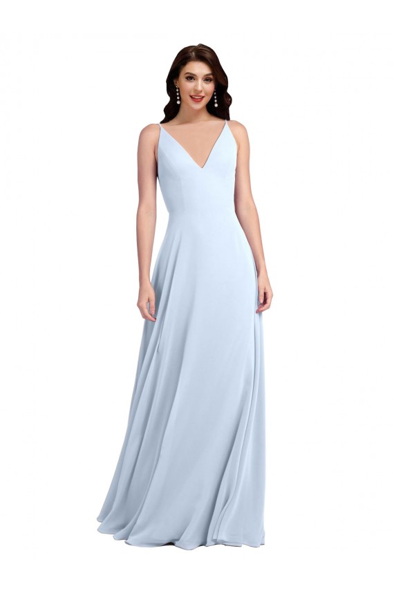 Vendeurs de Bleu ciel clair Trapèze Col V Mousseline Longue Robes demoiselle d'honneur