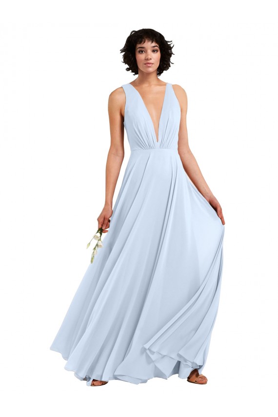 Vendeurs de Bleu ciel clair Trapèze Col V Mousseline Longue Robes demoiselle d'honneur