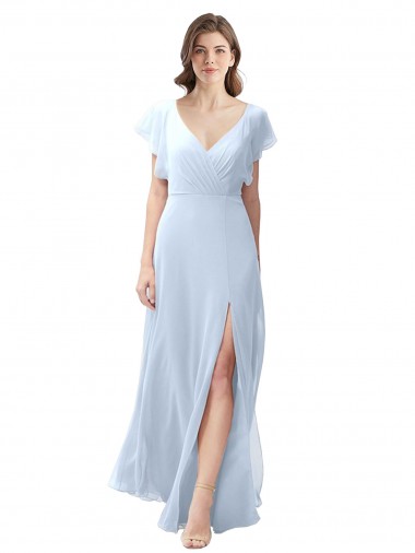 Vendeurs de Bleu ciel clair Trapèze Col V Mousseline Longue Robes demoiselle d'honneur