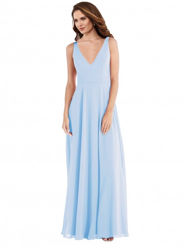 Vendeurs de Bleu ciel clair Trapèze Col V Mousseline Longue Robes demoiselle d'honneur