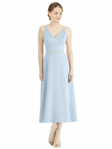 Vendeurs de Bleu ciel clair Trapèze Col V Satiné Longue Robes demoiselle d'honneur