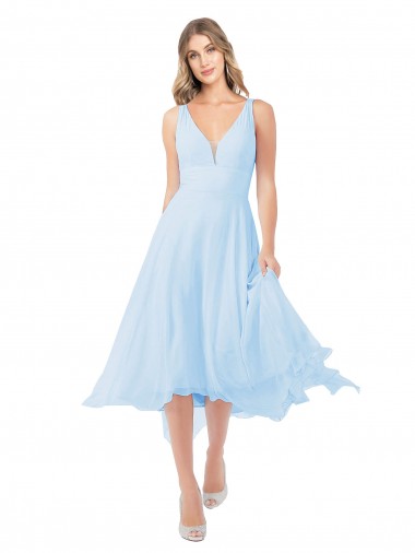 Vendeurs de Bleu ciel clair Trapèze Col V midi Mousseline Courte Robes demoiselle d'honneur / Robes de cocktail