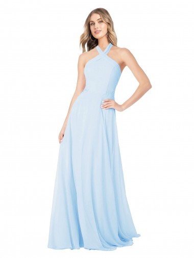 Vendeurs de Bleu ciel clair Trapèze Licou Col Haut Mousseline Longue Robes demoiselle d'honneur