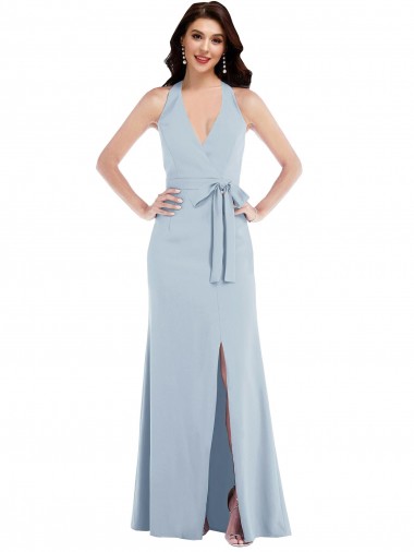 Vendeurs de Bleu ciel clair Trapèze Licou Col V Crêpe Stretch Longue Formelles Robes demoiselle d'honneur / Robes de soirée / Robes de bal
