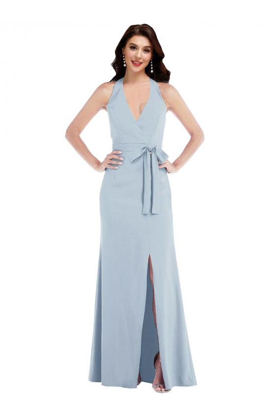 Vendeurs de Bleu ciel clair Trapèze Licou Col V Crêpe Stretch Longue Formelles Robes demoiselle d'honneur / Robes de soirée / Robes de bal