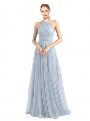 Vendeurs de Bleu ciel clair Trapèze Licou Tulle Longue Robes demoiselle d'honneur