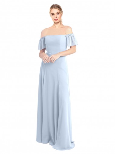 Vendeurs de Bleu ciel clair Trapèze Épaule Dénudée Col Carré Mousseline Longue Robes demoiselle d'honneur