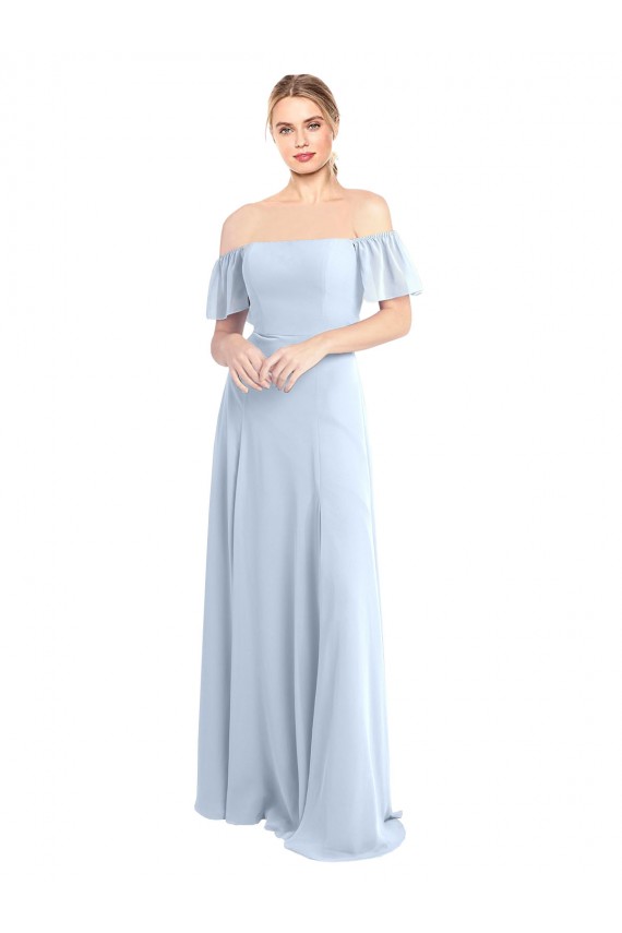 Vendeurs de Bleu ciel clair Trapèze Épaule Dénudée Col Carré Mousseline Longue Robes demoiselle d'honneur
