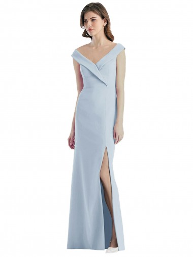Vendeurs de Bleu ciel clair Trapèze Épaule Dénudée Col V Crêpe Stretch Longue Robes demoiselle d'honneur
