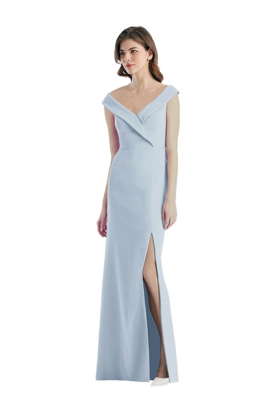 Vendeurs de Bleu ciel clair Trapèze Épaule Dénudée Col V Crêpe Stretch Longue Robes demoiselle d'honneur