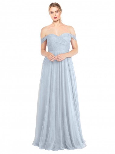 Vendeurs de Bleu ciel clair Trapèze Épaule Dénudée Tulle Longue Robes demoiselle d'honneur