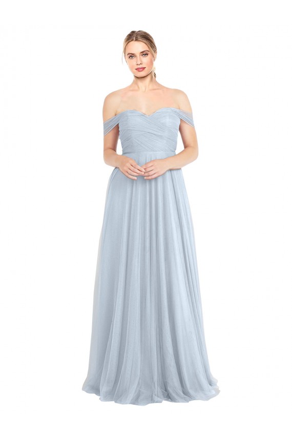 Vendeurs de Bleu ciel clair Trapèze Épaule Dénudée Tulle Longue Robes demoiselle d'honneur