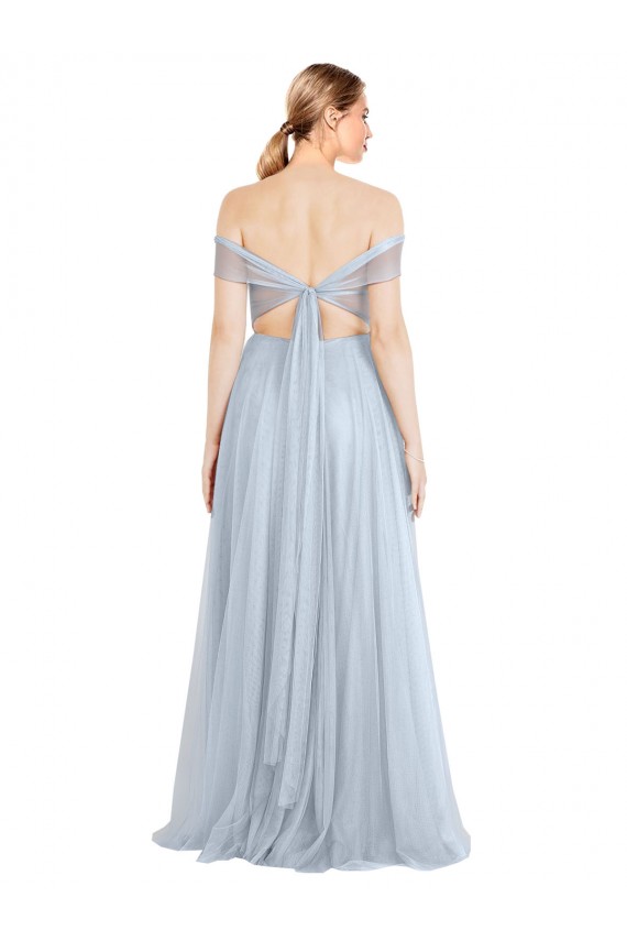 Vendeurs de Bleu ciel clair Trapèze Épaule Dénudée Tulle Longue Robes demoiselle d'honneur