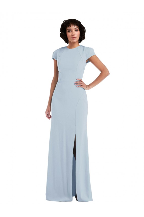 Vendeurs de Bleu ciel clair Trompette Col bijou Crêpe Stretch Longue Robes demoiselle d'honneur