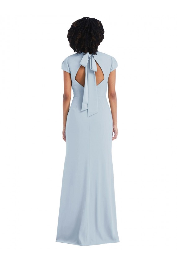 Vendeurs de Bleu ciel clair Trompette Col bijou Crêpe Stretch Longue Robes demoiselle d'honneur