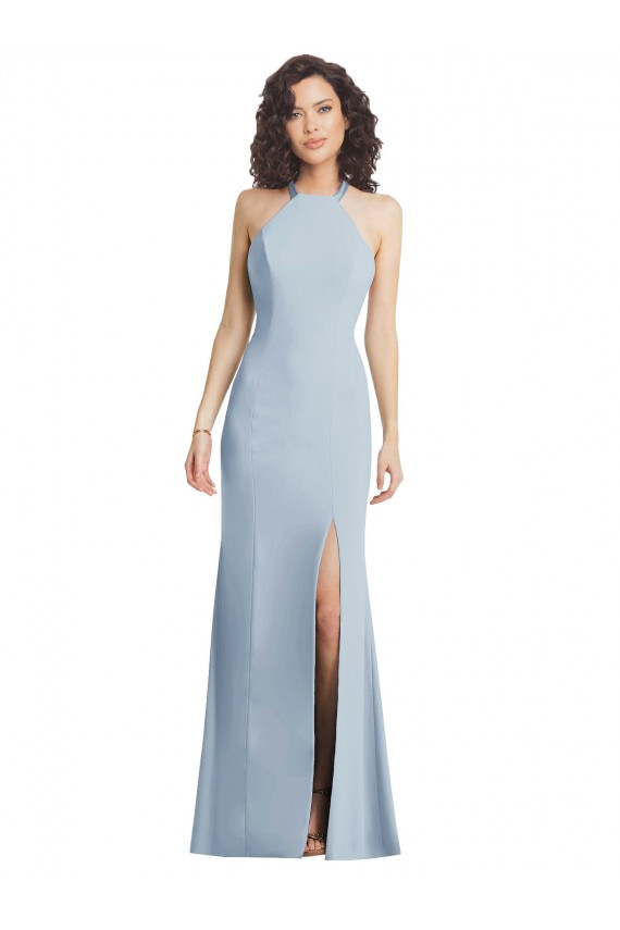 Vendeurs de Bleu ciel clair Trompette Licou Col Haut Crêpe Stretch Longue Formelles Robes demoiselle d'honneur / Robes de soirée / Robes de bal