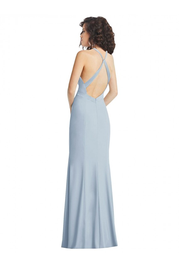 Vendeurs de Bleu ciel clair Trompette Licou Col Haut Crêpe Stretch Longue Formelles Robes demoiselle d'honneur / Robes de soirée / Robes de bal