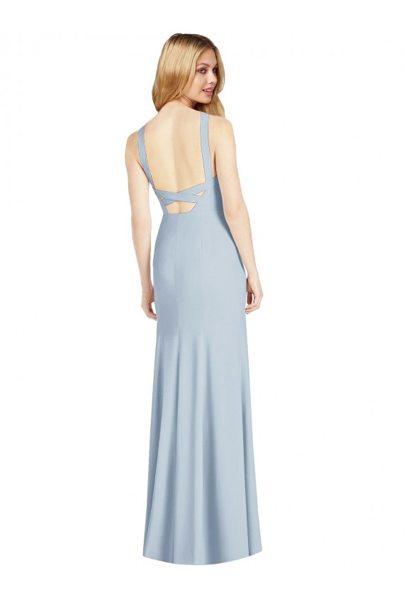 Vendeurs de Bleu ciel clair Trompette Licou Col Haut Crêpe Stretch Longue Formelles Robes demoiselle d'honneur / Robes de soirée
